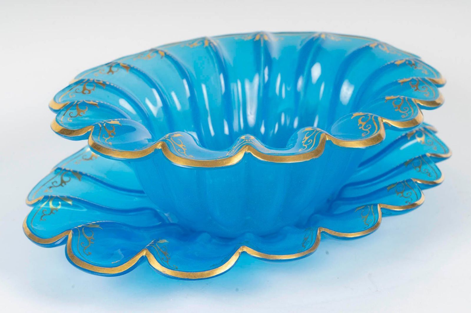 Cup And Saucer In Blue Opaline With Gold Highlights, 19th Century photo for sale