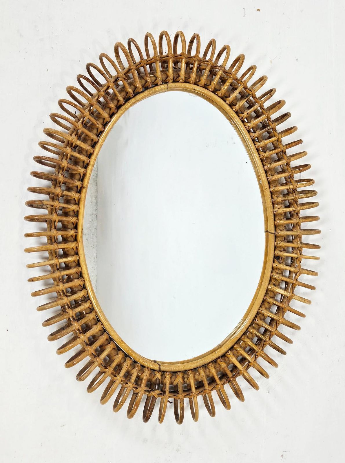 Mid Century Rattan Wall Mirror In Style Of Franco Albini, Italy, 1960s photo furniture