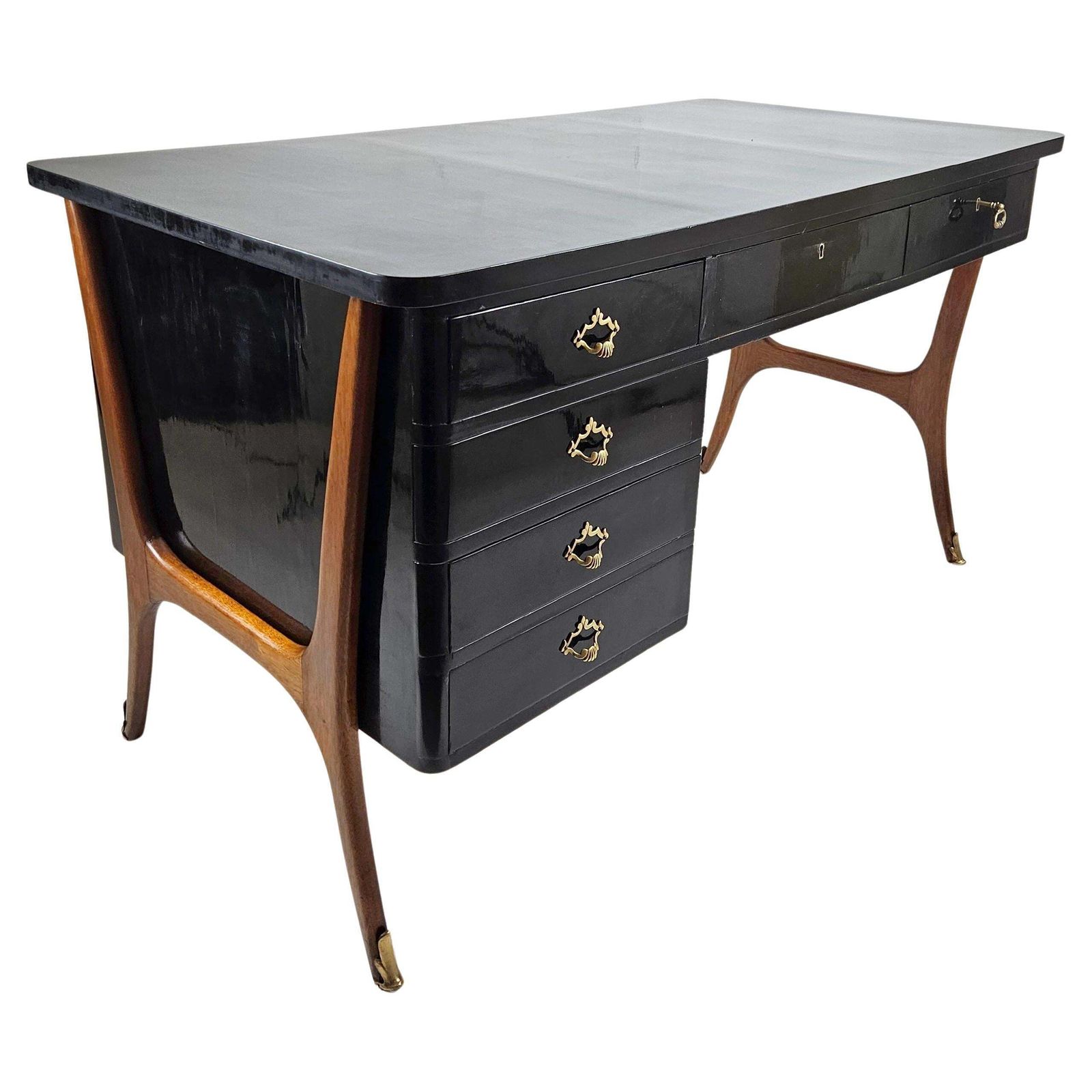 Mid Century Modern Desk, Beech & Walnut With Yellow Glass Top, 1950s