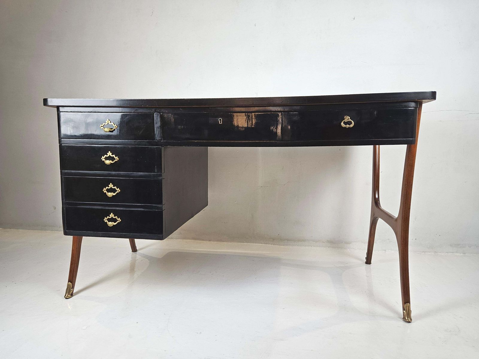 Mid Century Modern Desk, Beech & Walnut With Yellow Glass Top, 1950s photo furniture