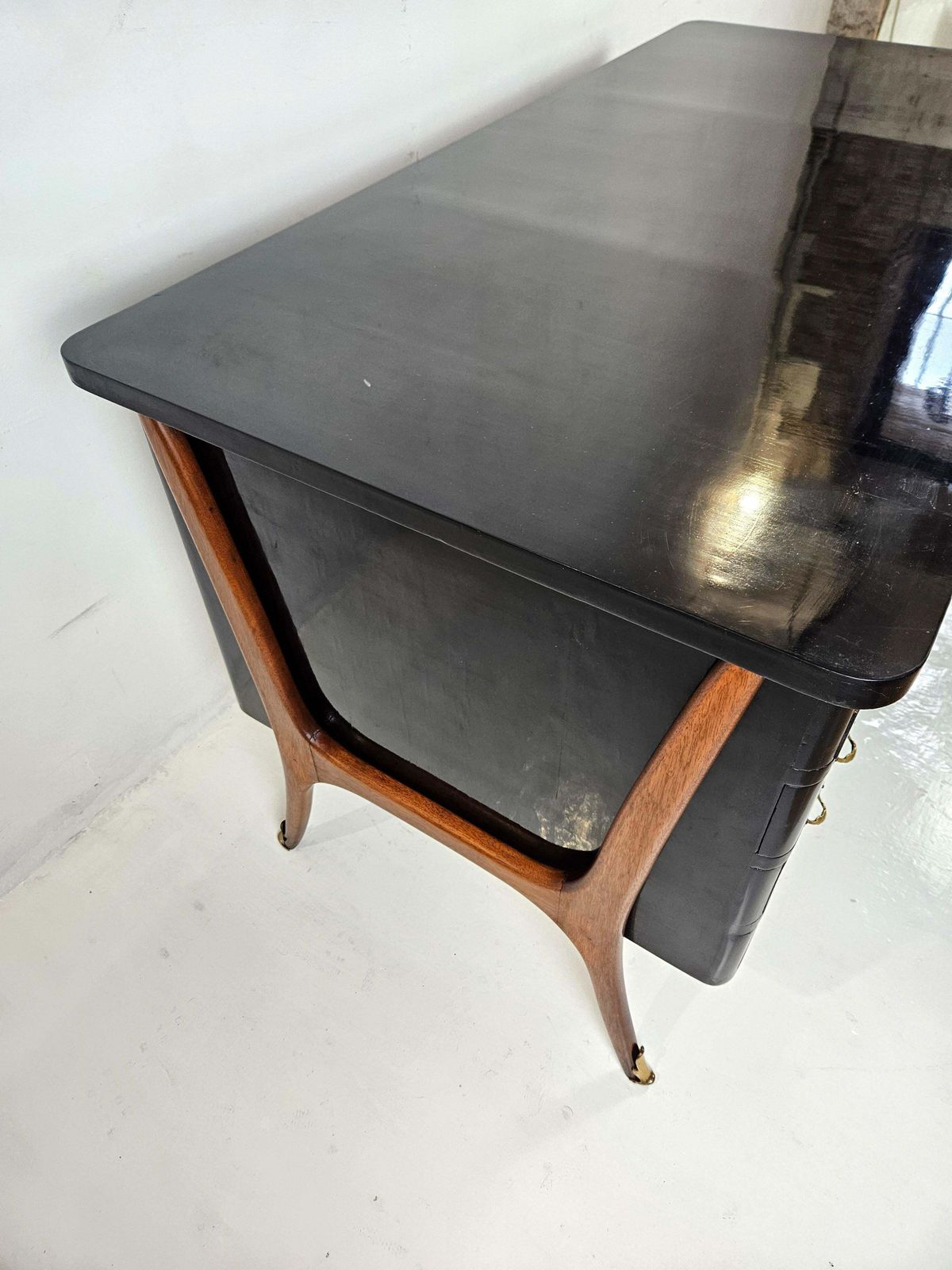 Mid Century Modern Desk, Beech & Walnut With Yellow Glass Top, 1950s photo vintage
