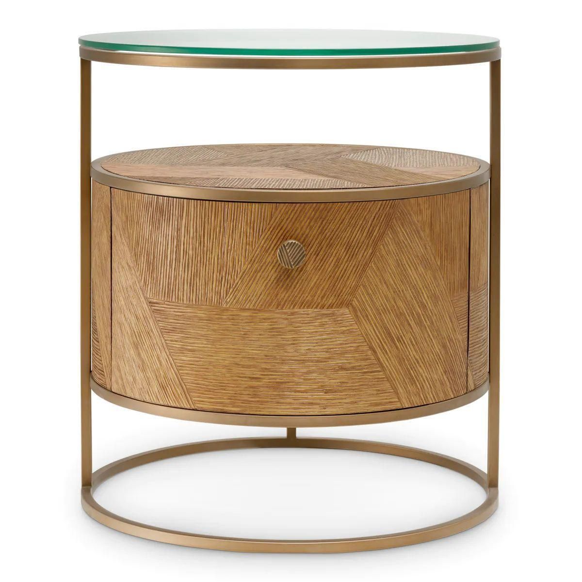 Set Of Two Nightstand In Caramel Carved Oak Veneer And Brushed Brass photo vinterior