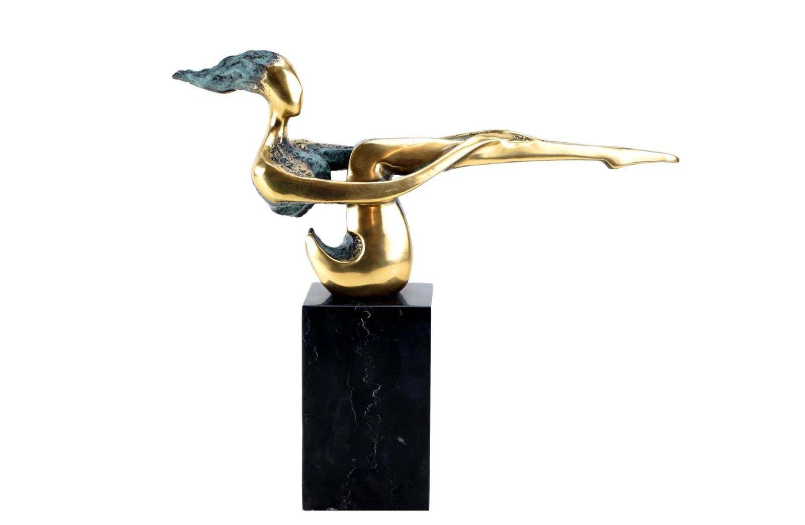Contemporary Patinated Bronze Statue In Green And Gold On Marble, 20th Century photo furniture