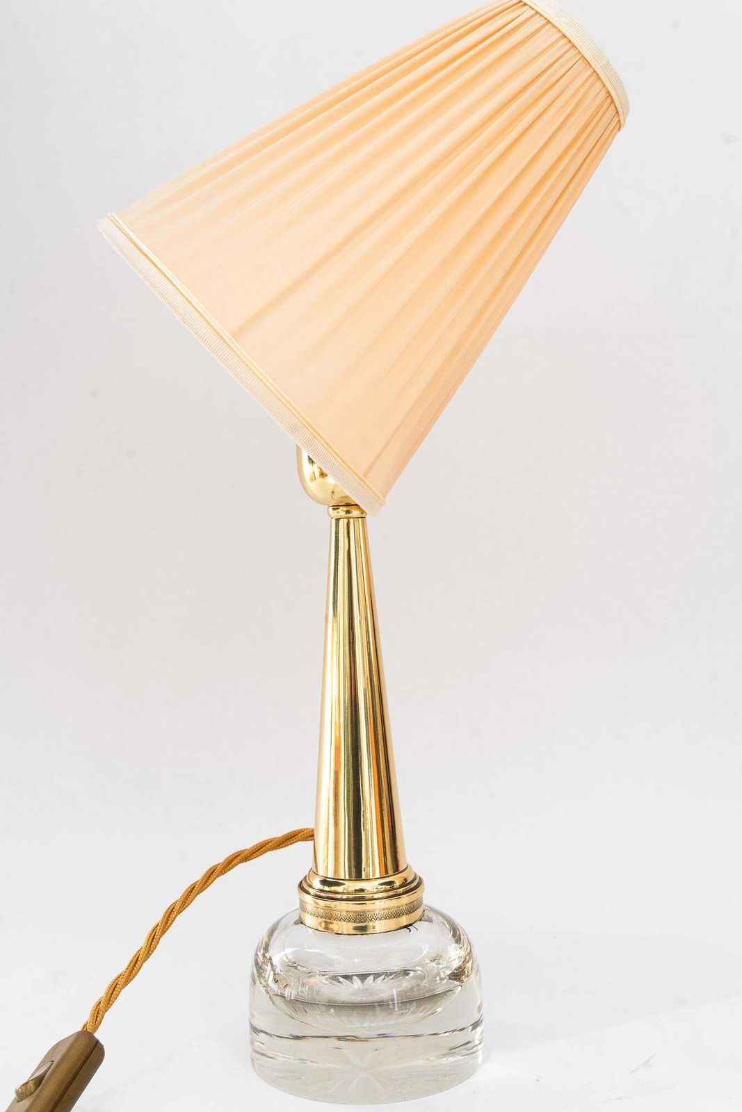 Art Deco Glass And Brass Table Lamp With Fabric Shade Around 1920s photo vinterior