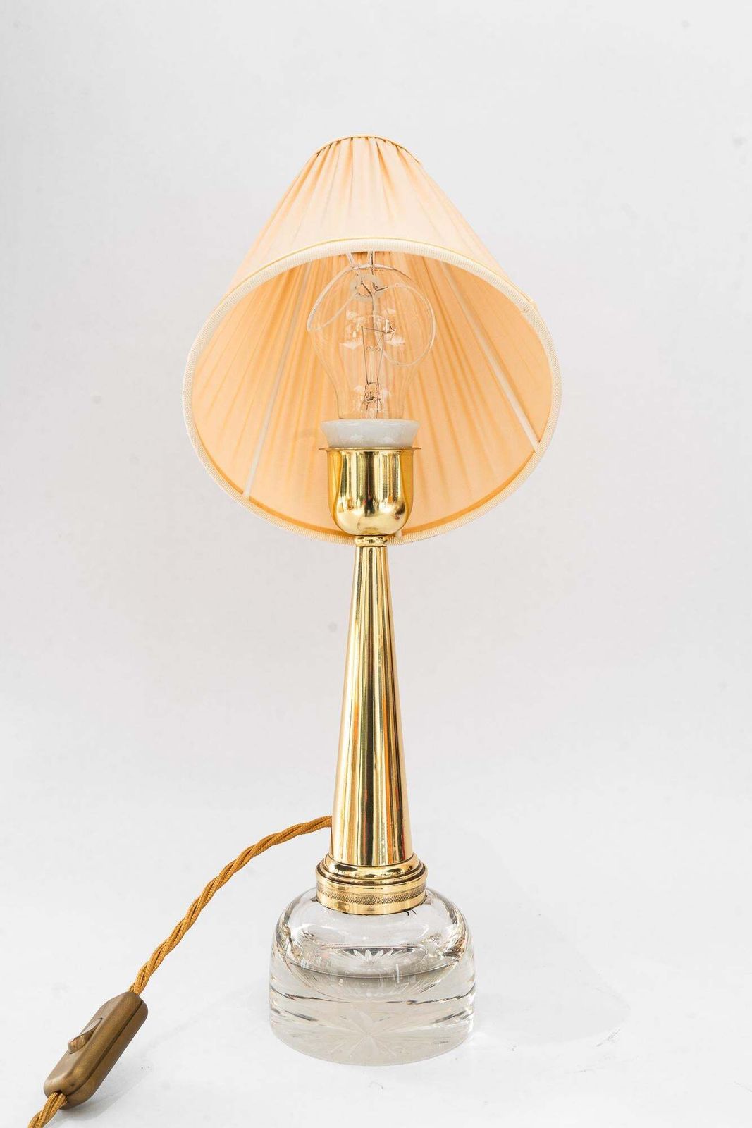 Art Deco Glass And Brass Table Lamp With Fabric Shade Around 1920s photo vintage