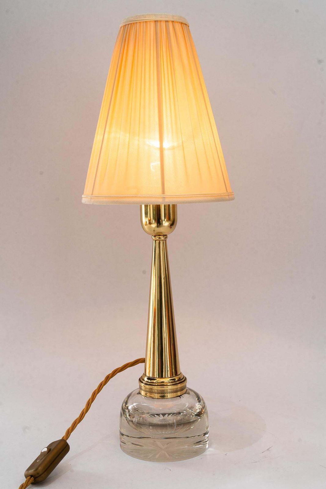 photo furniture Art Deco Glass And Brass Table Lamp With Fabric Shade Around 1920s