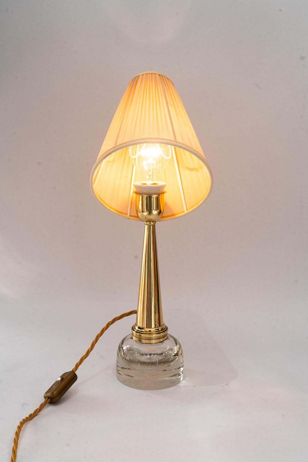 Lighting Art Deco Glass And Brass Table Lamp With Fabric Shade Around 1920s photo