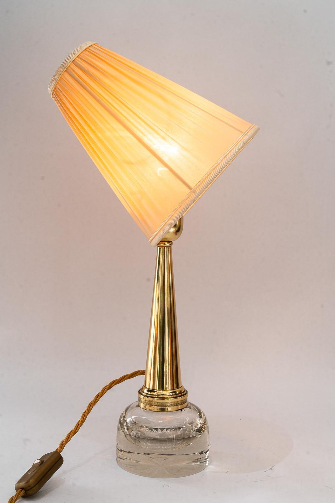 photo buy Art Deco Glass And Brass Table Lamp With Fabric Shade Around 1920s