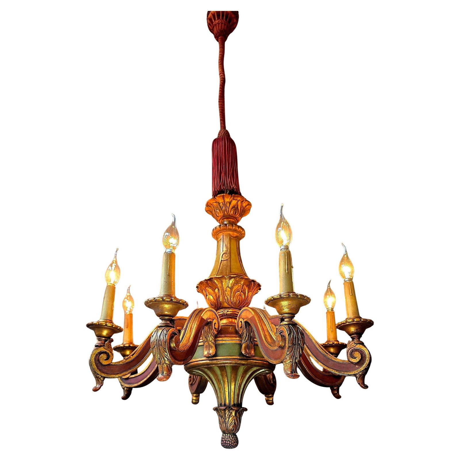 Monumental Architectural Italian Baroque Revival Giltwood 8 Light Chandelier