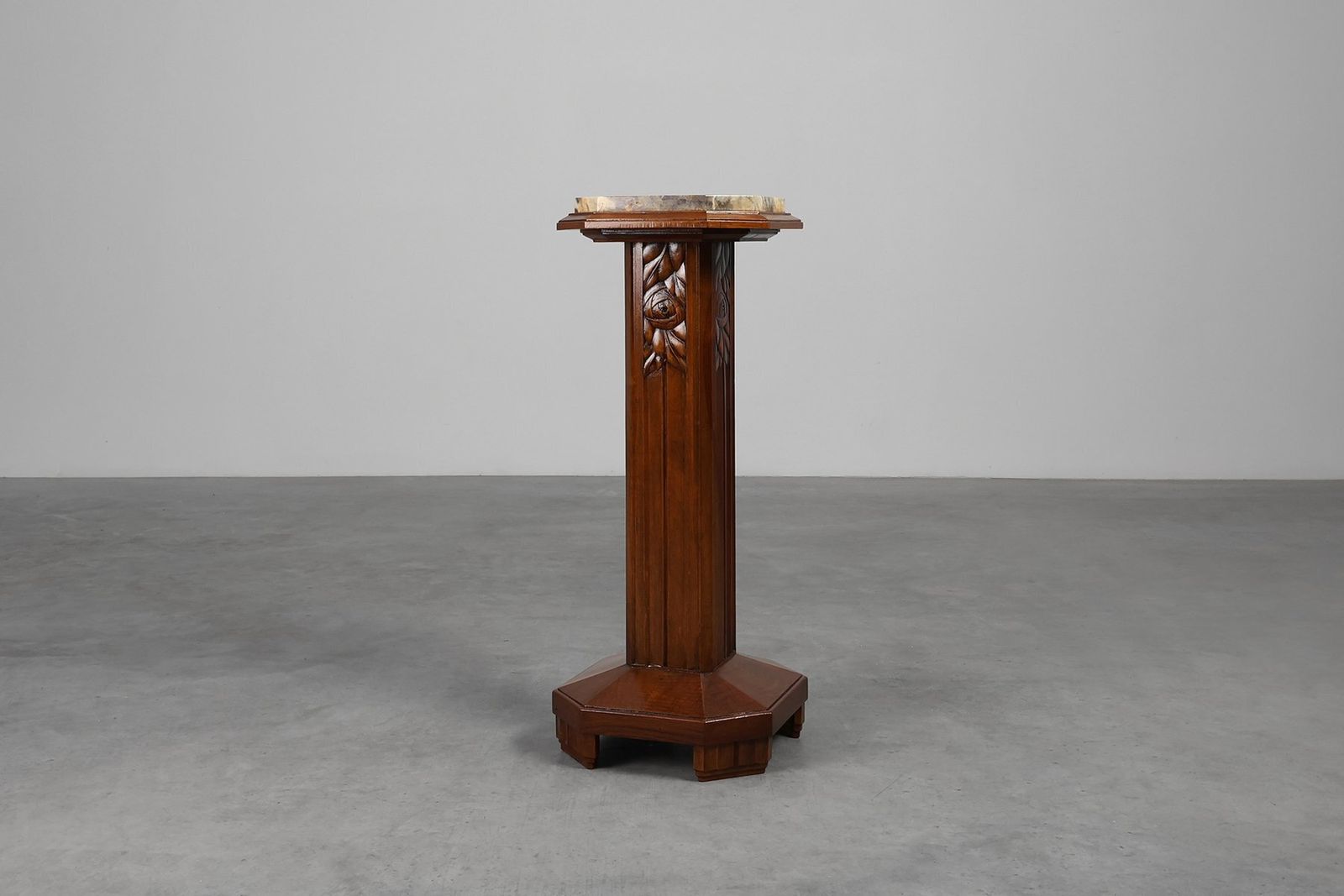 Large Art Deco Oak And Marble Pedestal, France, 1920s