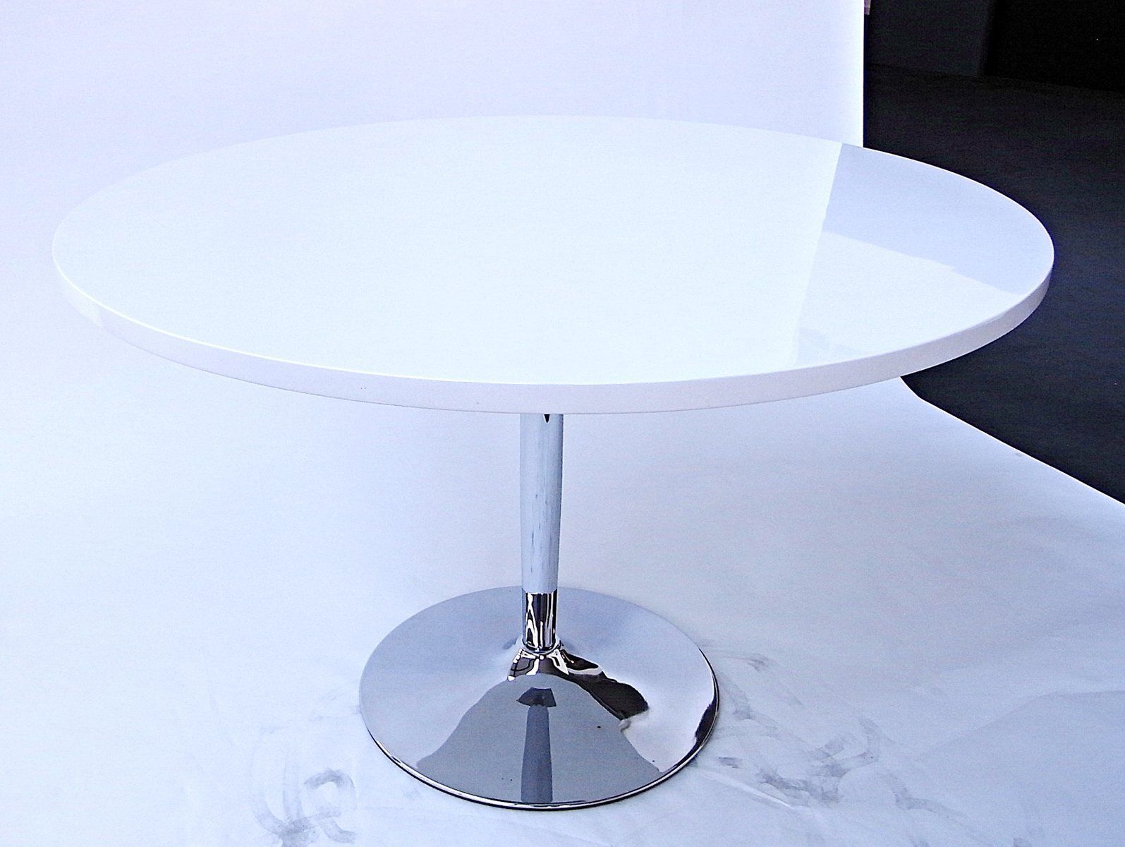 Round Dining Table In White High Gloss Melamine On Chromed Tulip Pedestal, Germany, 2000s photo furniture
