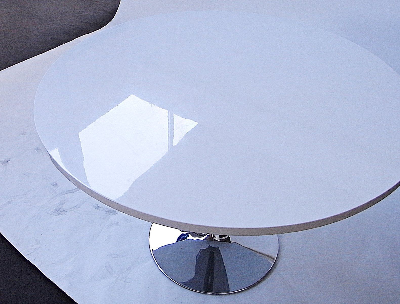 Round Dining Table In White High Gloss Melamine On Chromed Tulip Pedestal, Germany, 2000s photo for sale