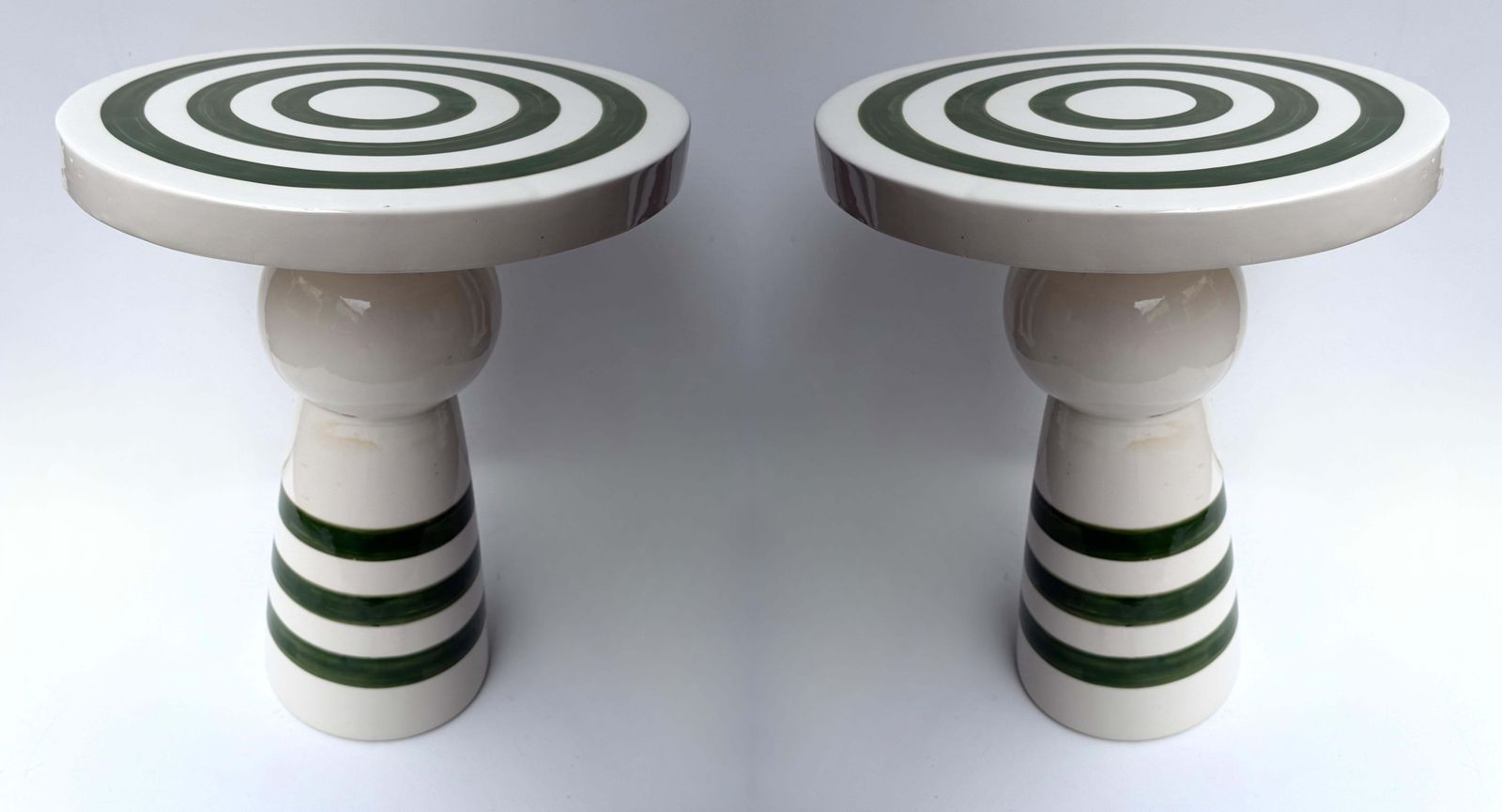 Contemporary Pair Of Green And White Ceramic Stripe Side Tables. Italy photo vinterior