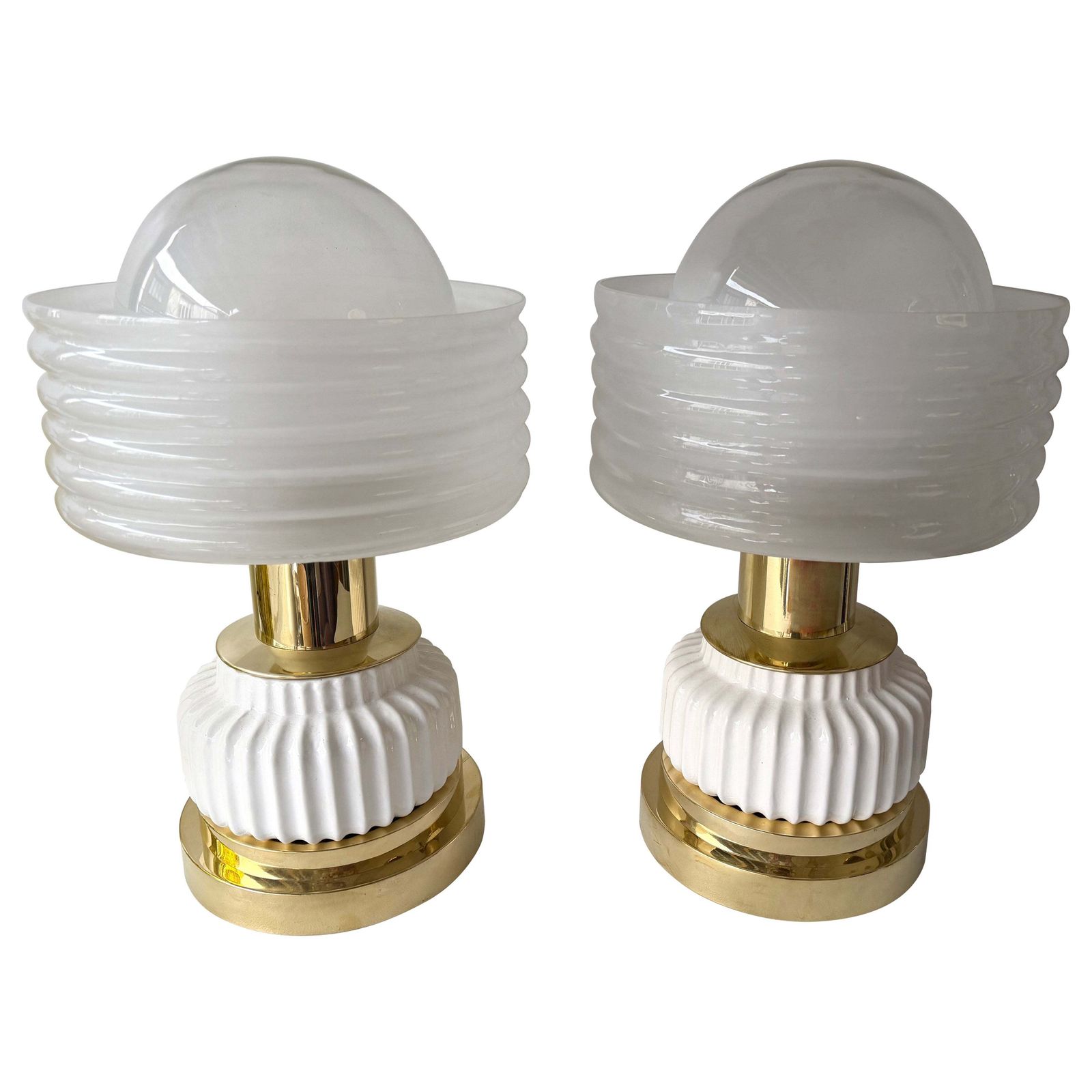 Contemporary Pair Of Brass And White Murano Glass Wave Shades Lamps, Italy