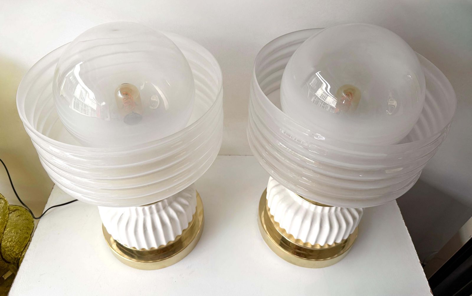 Contemporary Pair Of Brass And White Murano Glass Wave Shades Lamps, Italy photo vintage