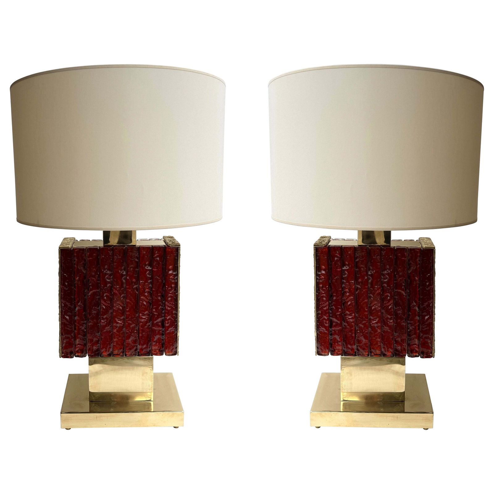 Contemporary Pair Of Brass Fusion And Red Murano Glass Lamps, Italy