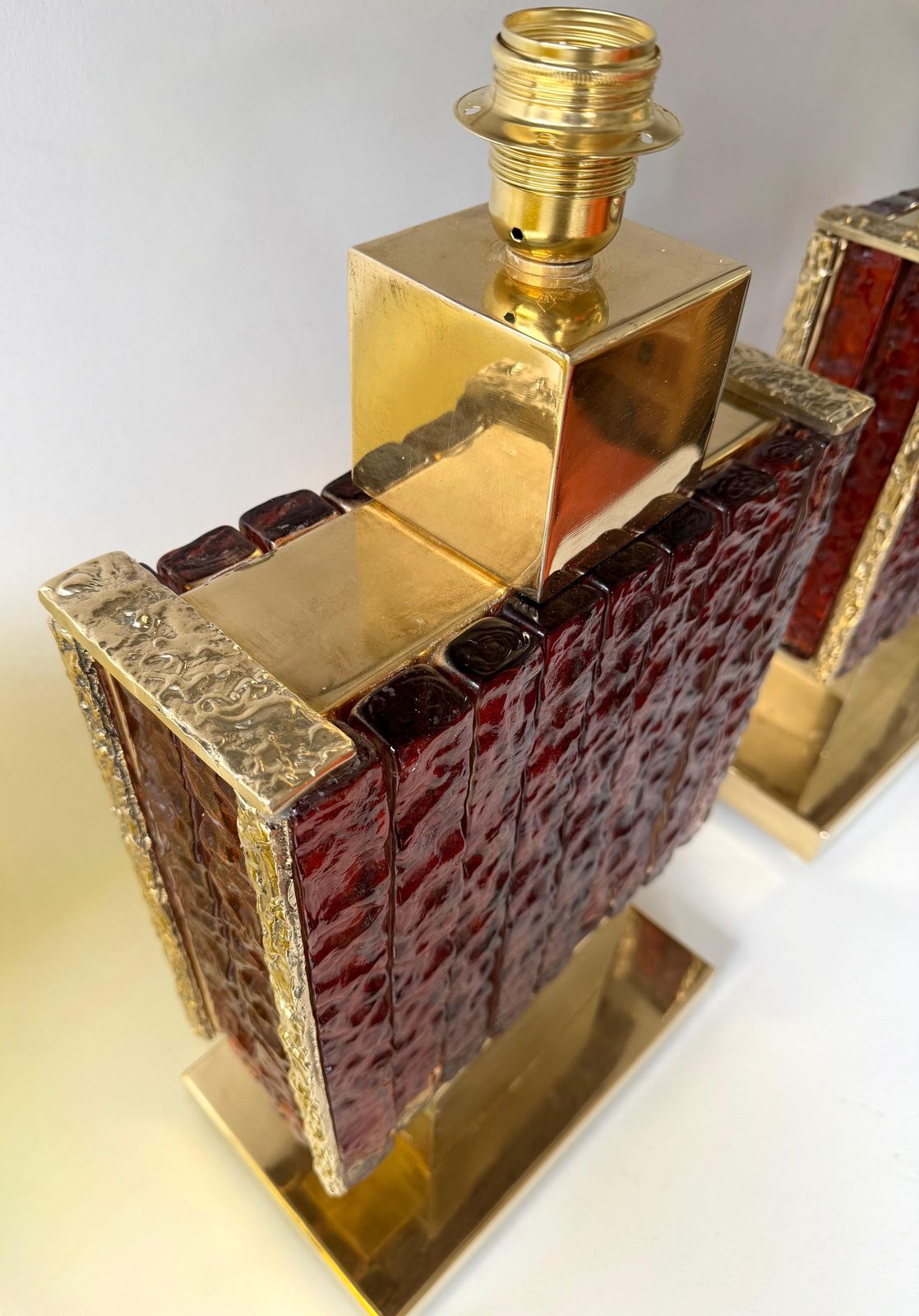 Contemporary Pair Of Brass Fusion And Red Murano Glass Lamps, Italy photo Lighting