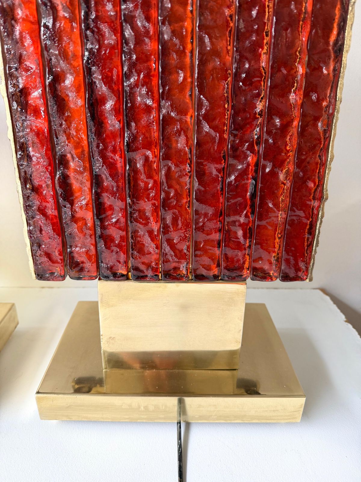 photo for sale Contemporary Pair Of Brass Fusion And Red Murano Glass Lamps, Italy