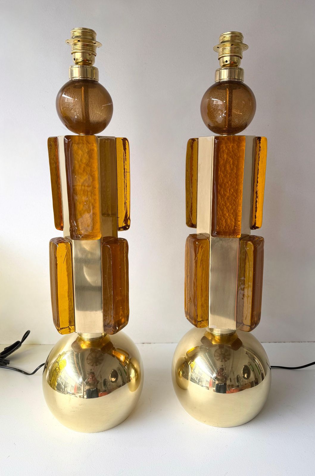 Contemporary Pair Of Brass And Murano Glass Lamps, Italy photo furniture