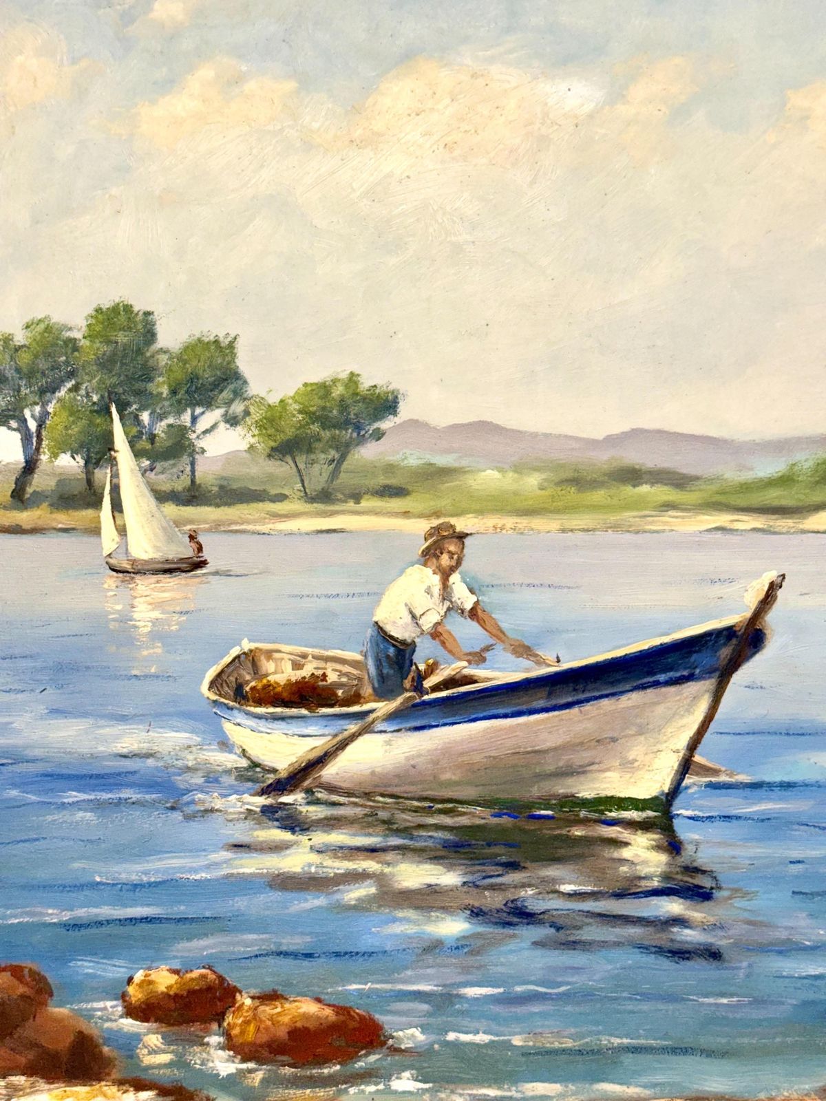 Large Mediterranean Coastal Scene With Boats By F. Borelly photo for sale