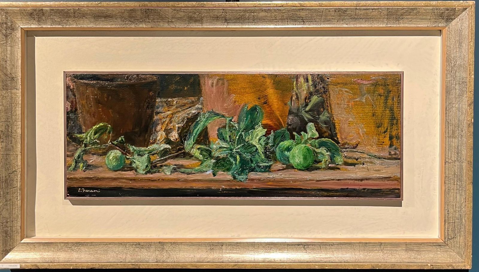 Enzo Faraoni"Green Apples On The Table" Oil On Wood Cm. 63 X 25 19701970
