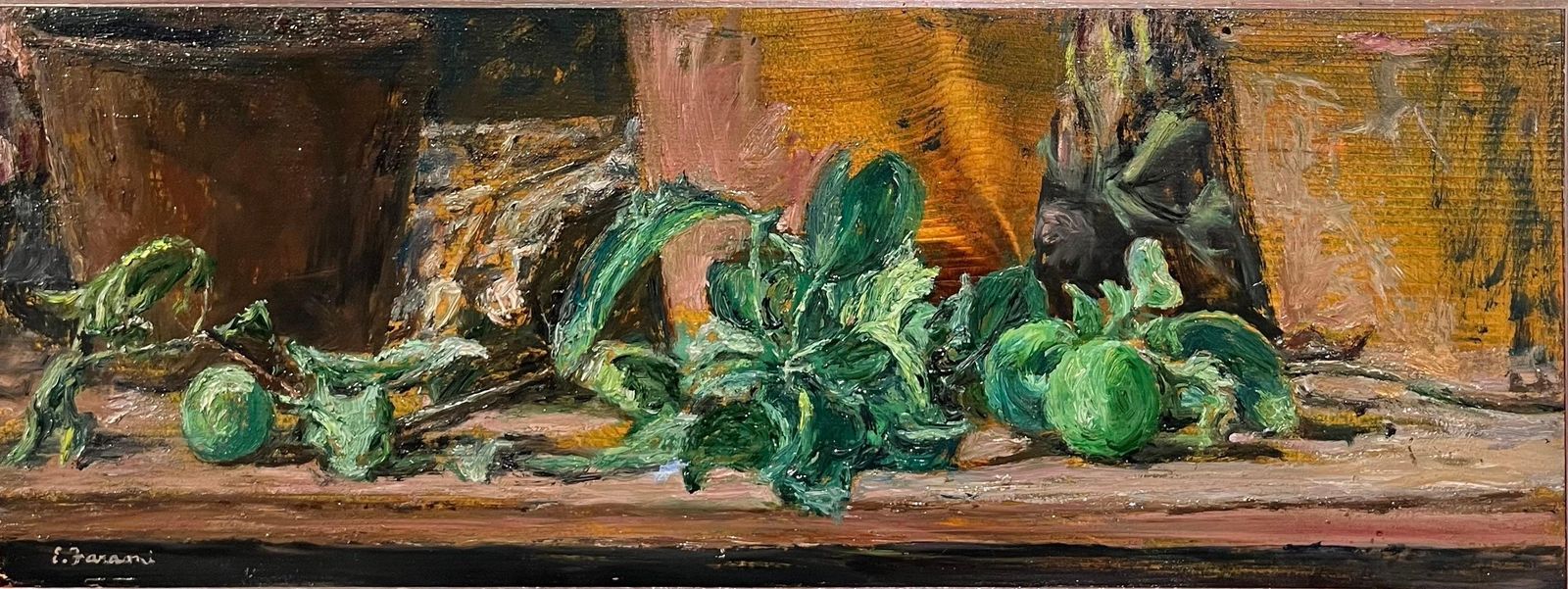 Enzo Faraoni"Green Apples On The Table" Oil On Wood Cm. 63 X 25 19701970 photo furniture