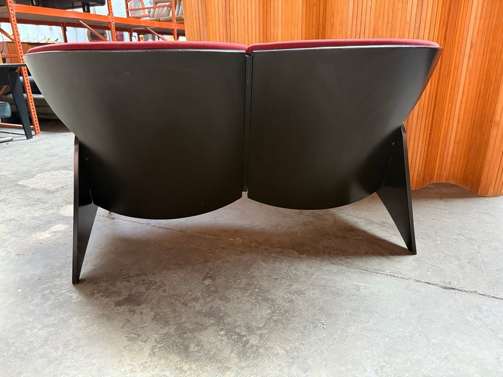 Black Plywood Sofa With Burgundy Velvet Upholstery, 1980s photo 497.0