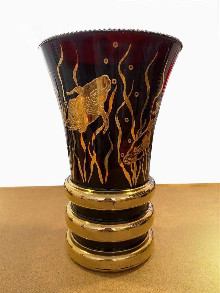 Art Deco Vase Glass And Gold Fish Decoration, Circa 1930 photo for sale