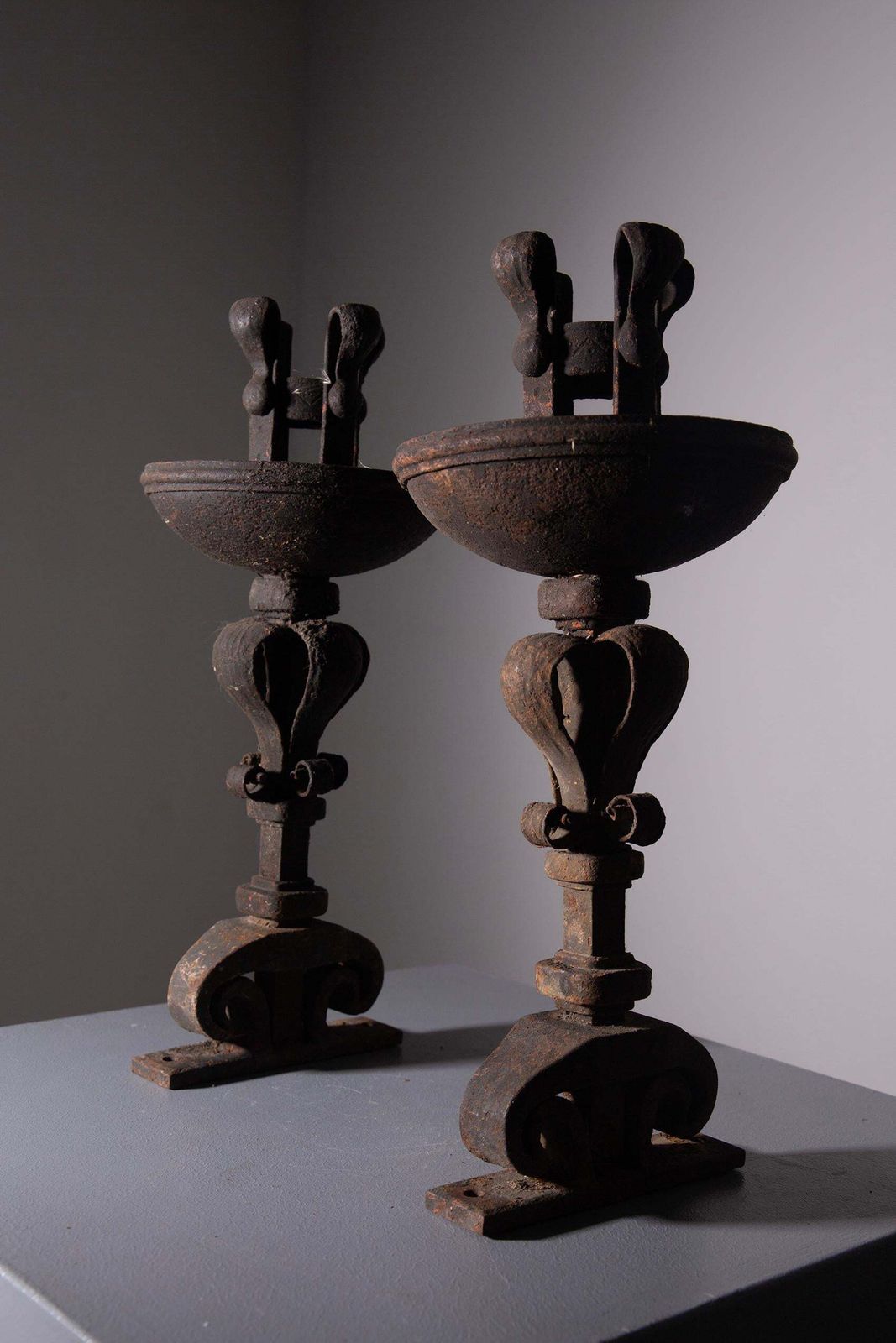 photo for sale Pair Of Antique Italian Wrought Iron Torch Holders For Outdoor Use