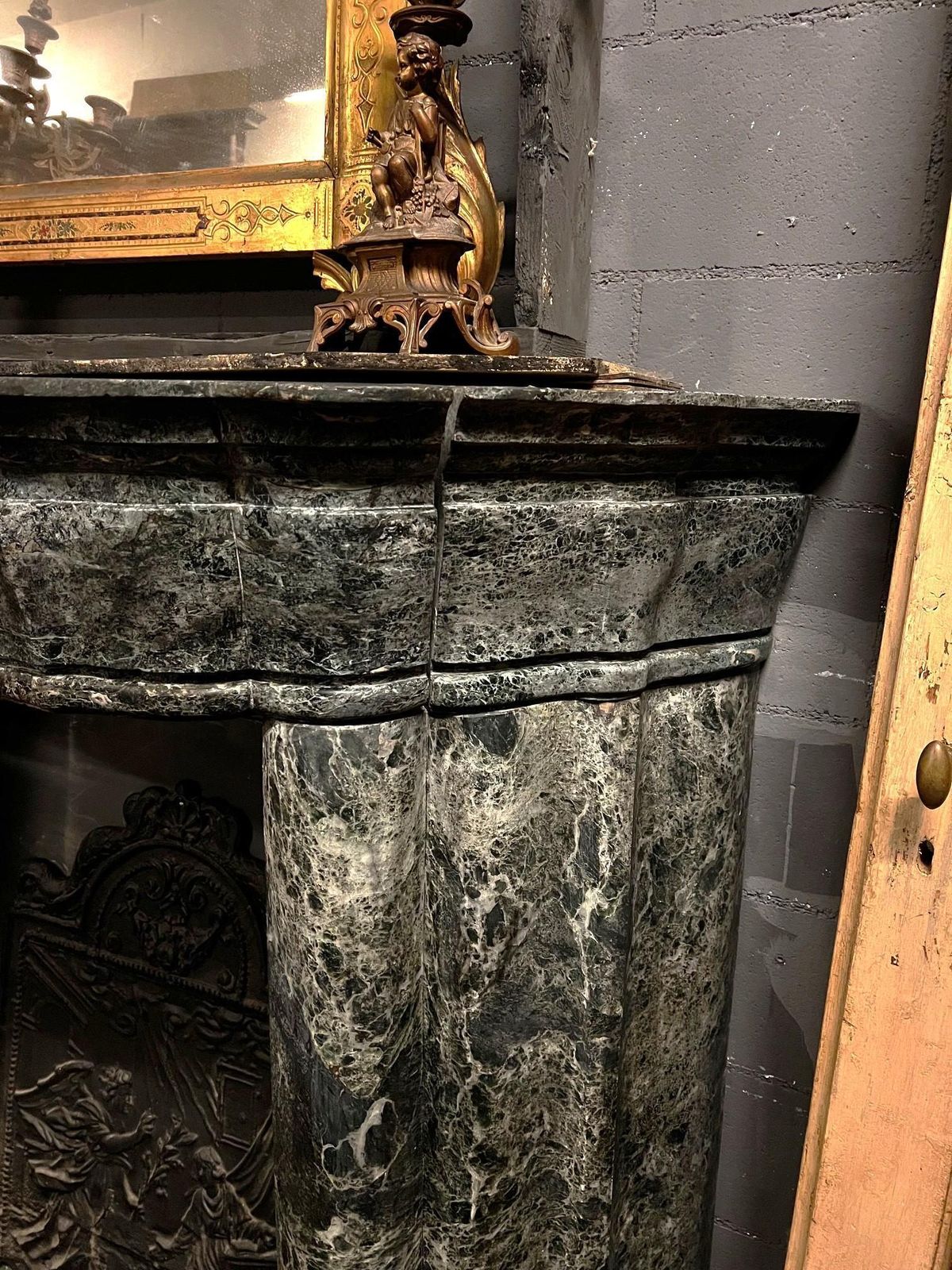 Green Alps Marble Fireplace, Carved Art Deco And Complete With Base, Italy photo vintage