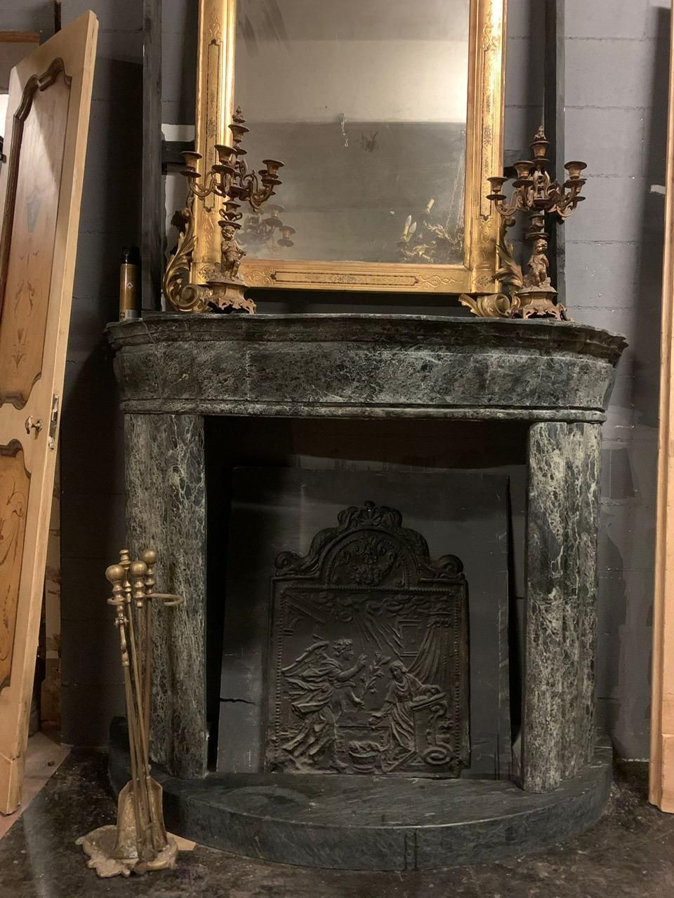 photo vintage Green Alps Marble Fireplace, Carved Art Deco And Complete With Base, Italy