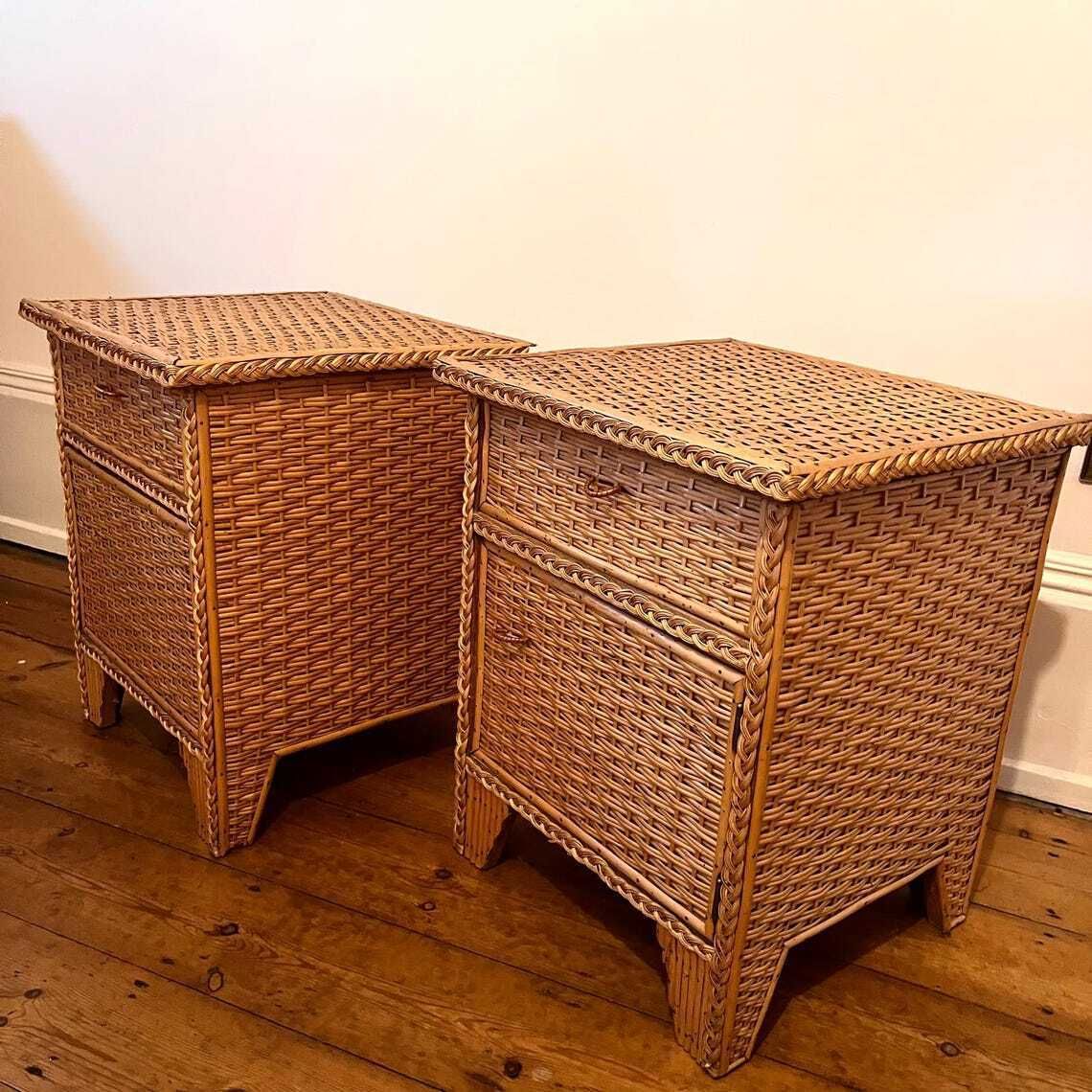 A Pair Of Wicker And Bamboo Bedside Cabinets/ Nightstands photo vintage