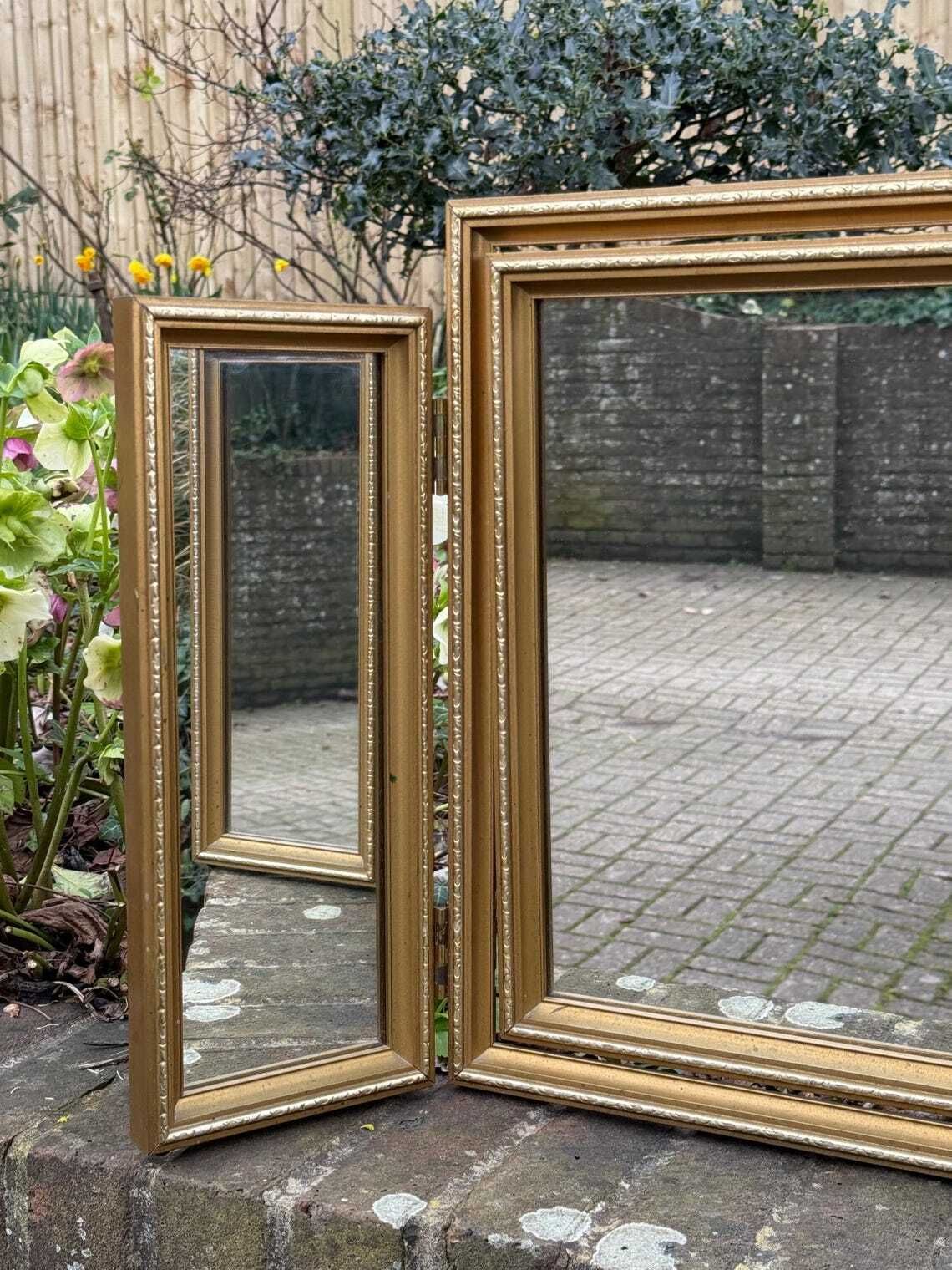 Quality Original Vintage 1970s Gold Triple Dressing Table Mirror Ornate Folding Vanity Mirror photo Home Decor