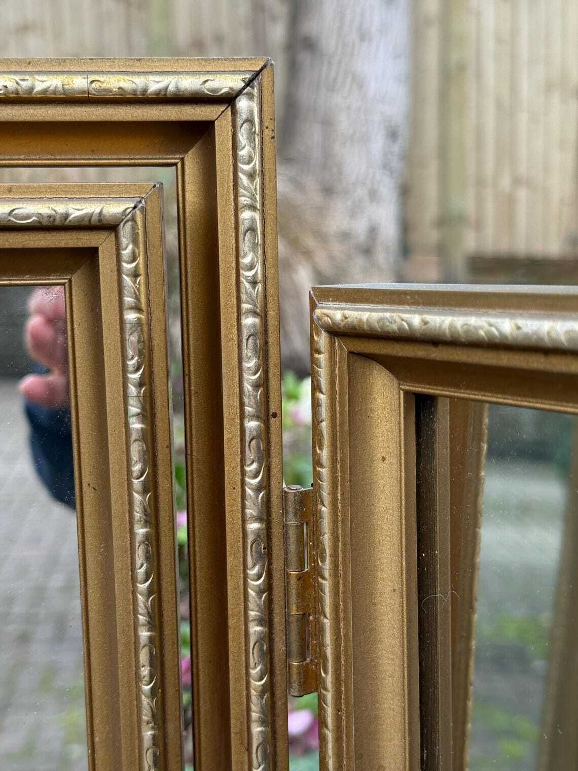 Quality Original Vintage 1970s Gold Triple Dressing Table Mirror Ornate Folding Vanity Mirror photo buy