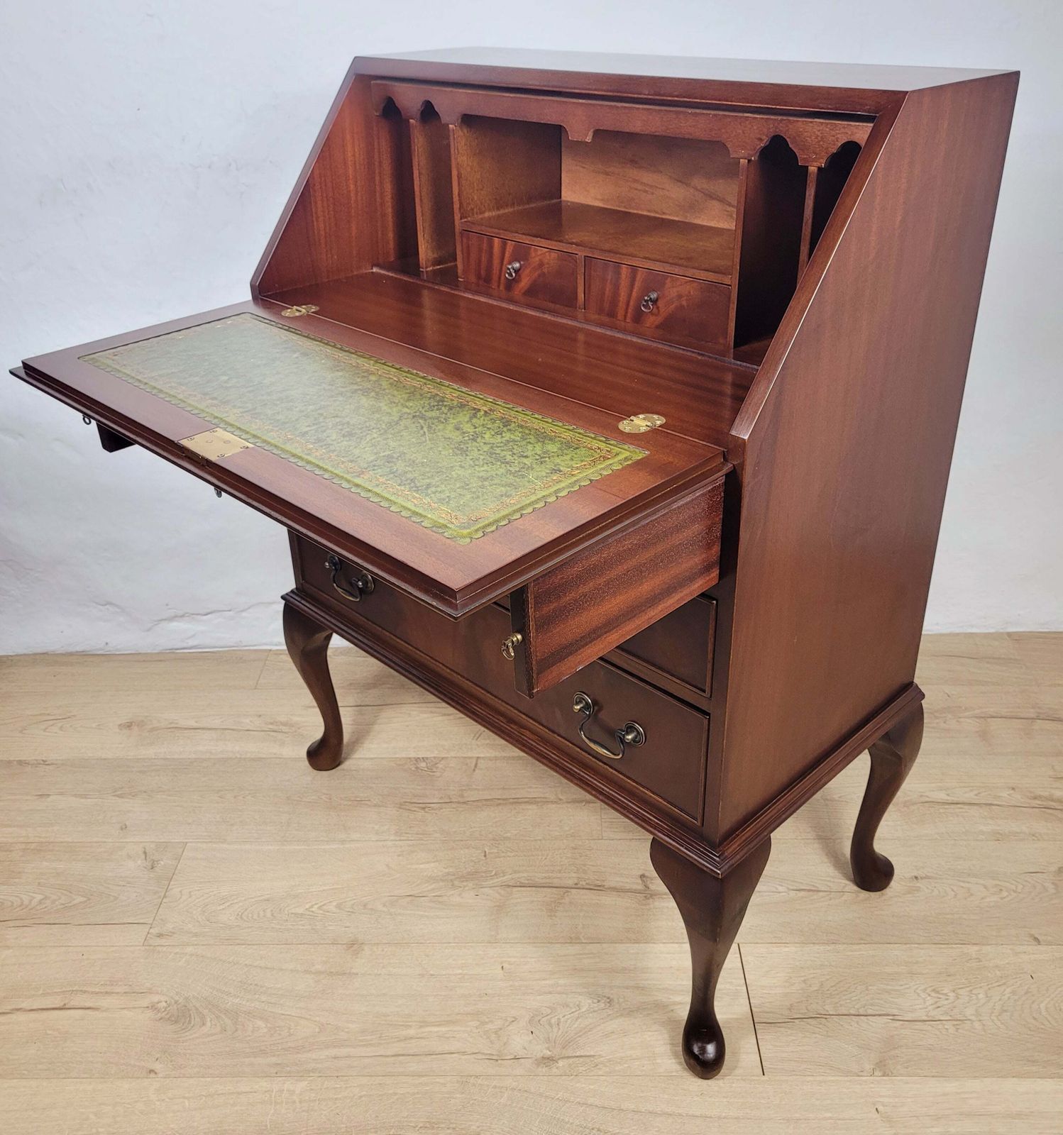 Vintage Writing Desk Bureau Key Lockable Drawers Leather 1950 photo for sale