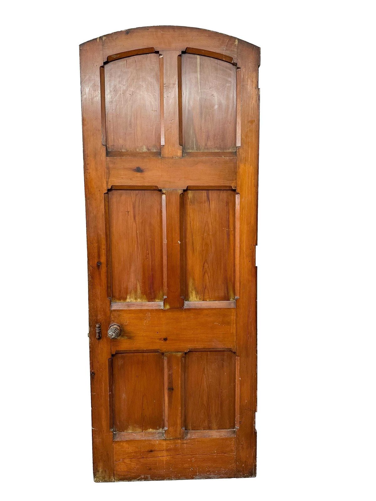 Victorian 6 Panel Pitch Pine Door With Arch & Original Carved Handles   Gothic Revival 19th Century photo buy