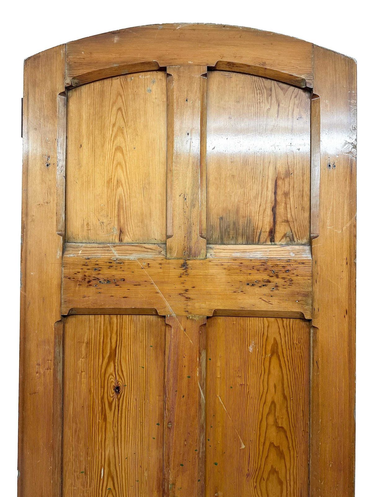 Victorian 6 Panel Pitch Pine Door W/ Arch & Carved Handles Gothic Revival 19th Century photo for sale