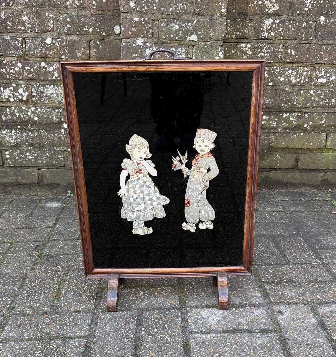 Antique 1920s Art Deco Black Lacquer Firescreen With Foil Appliqué Children, Vintage Fire Screen