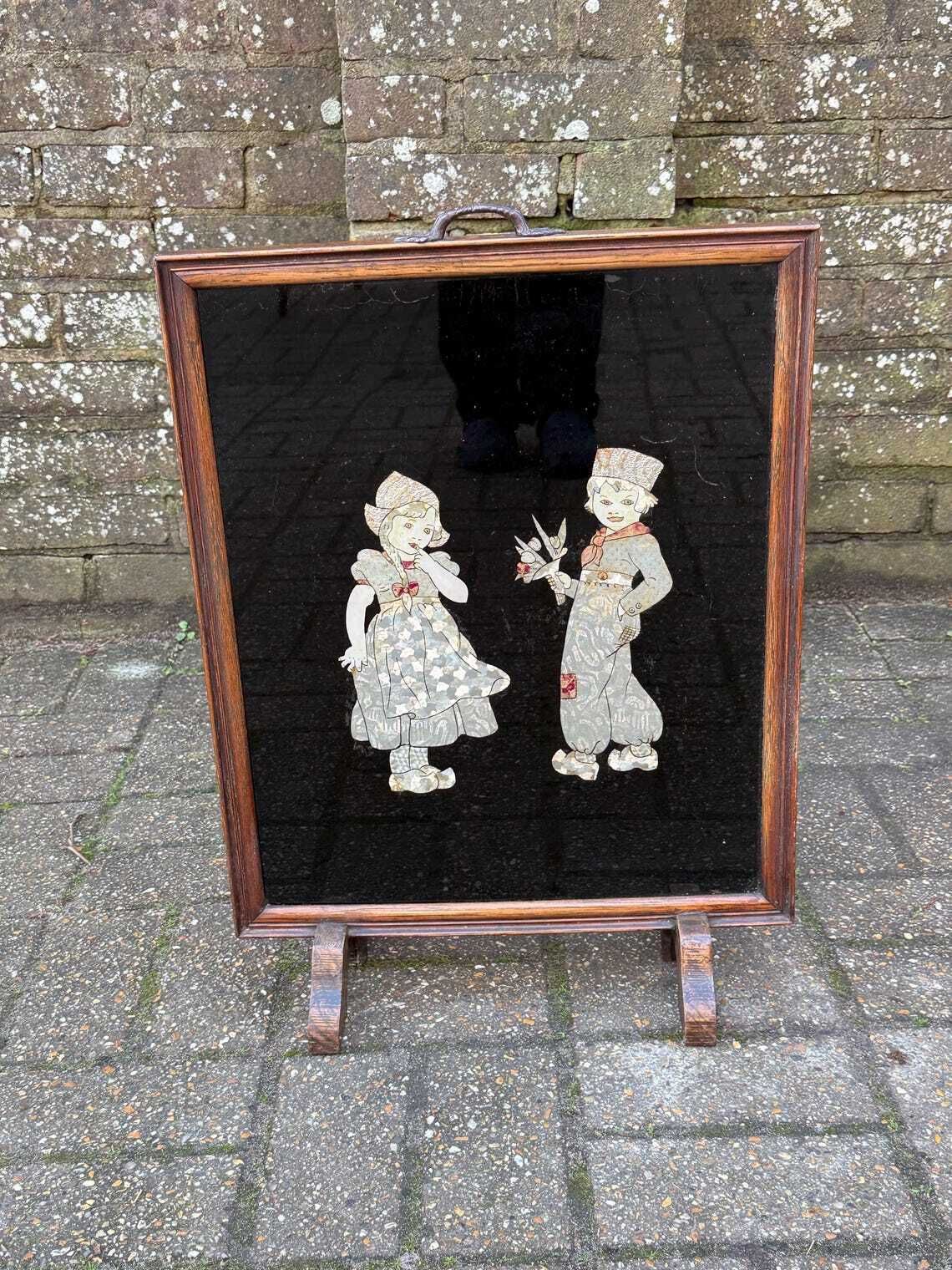 Antique 1920s Art Deco Black Lacquer Firescreen With Foil Appliqué Children, Vintage Fire Screen photo furniture