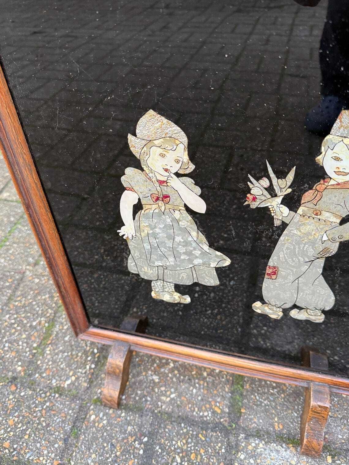 Antique 1920s Art Deco Black Lacquer Firescreen With Foil Appliqué Children, Vintage Fire Screen photo 145.0