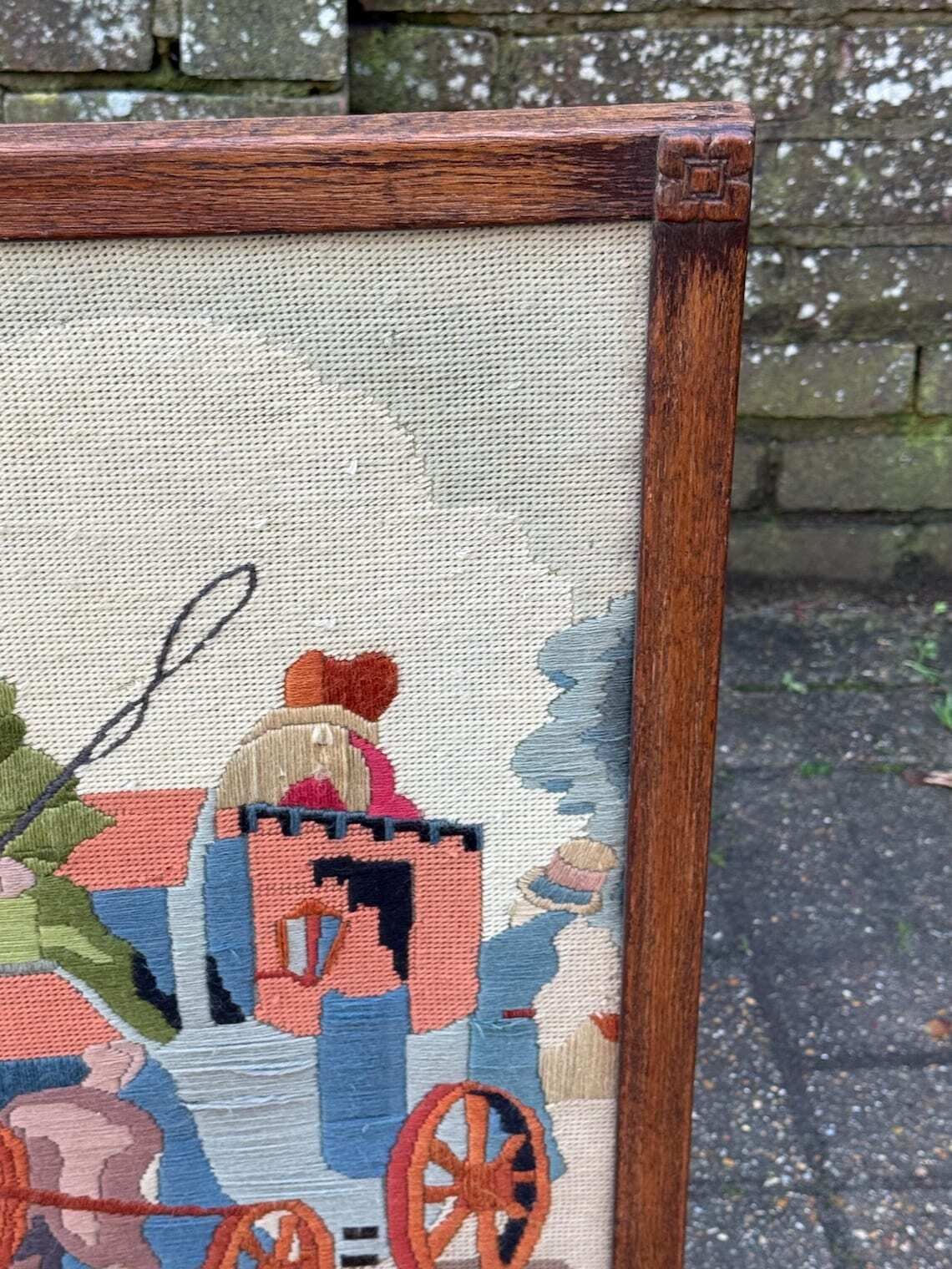 Vintage 1930s Oak Framed Needlepoint Firescreen With Medieval Carriage Scene photo 140.0