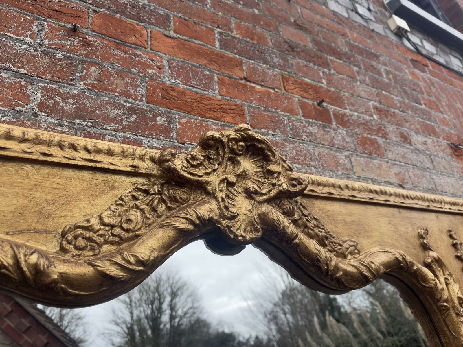 An Exceptional Large Antique English 19th C Shape Top Framed Gilt Mirror. photo for sale