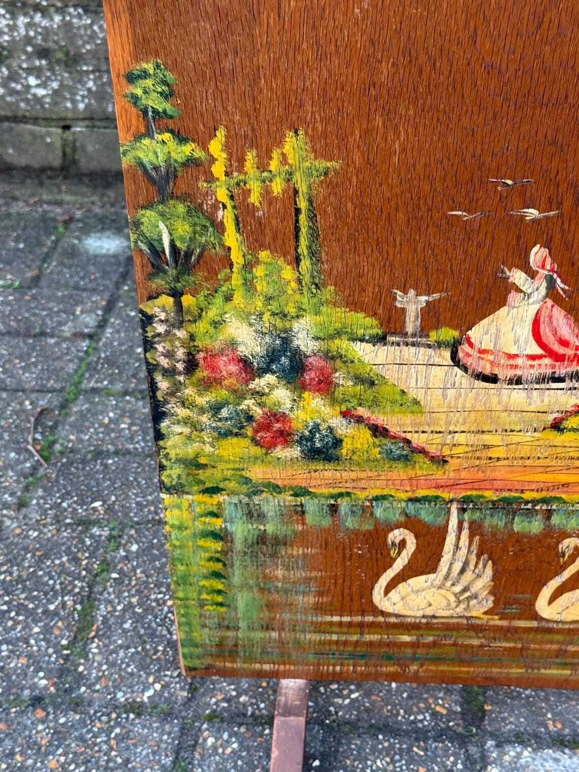 Vintage 1940s Hand Painted Wooden Firescreen With Romantic Garden Scene, Fire Guard photo vintage