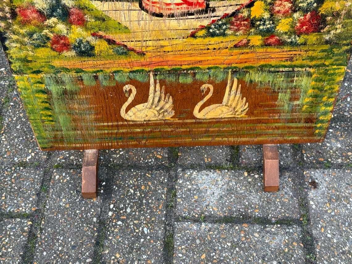 Home Fixtures Vintage 1940s Hand Painted Wooden Firescreen With Romantic Garden Scene, Fire Guard photo