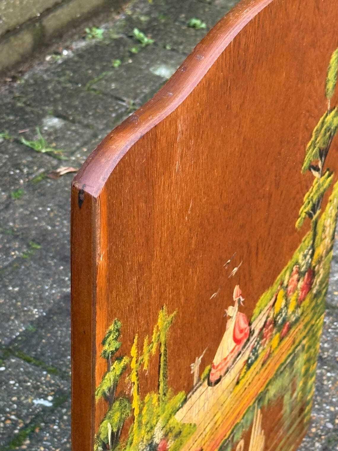 100.0 Vintage 1940s Hand Painted Wooden Firescreen With Romantic Garden Scene, Fire Guard photo
