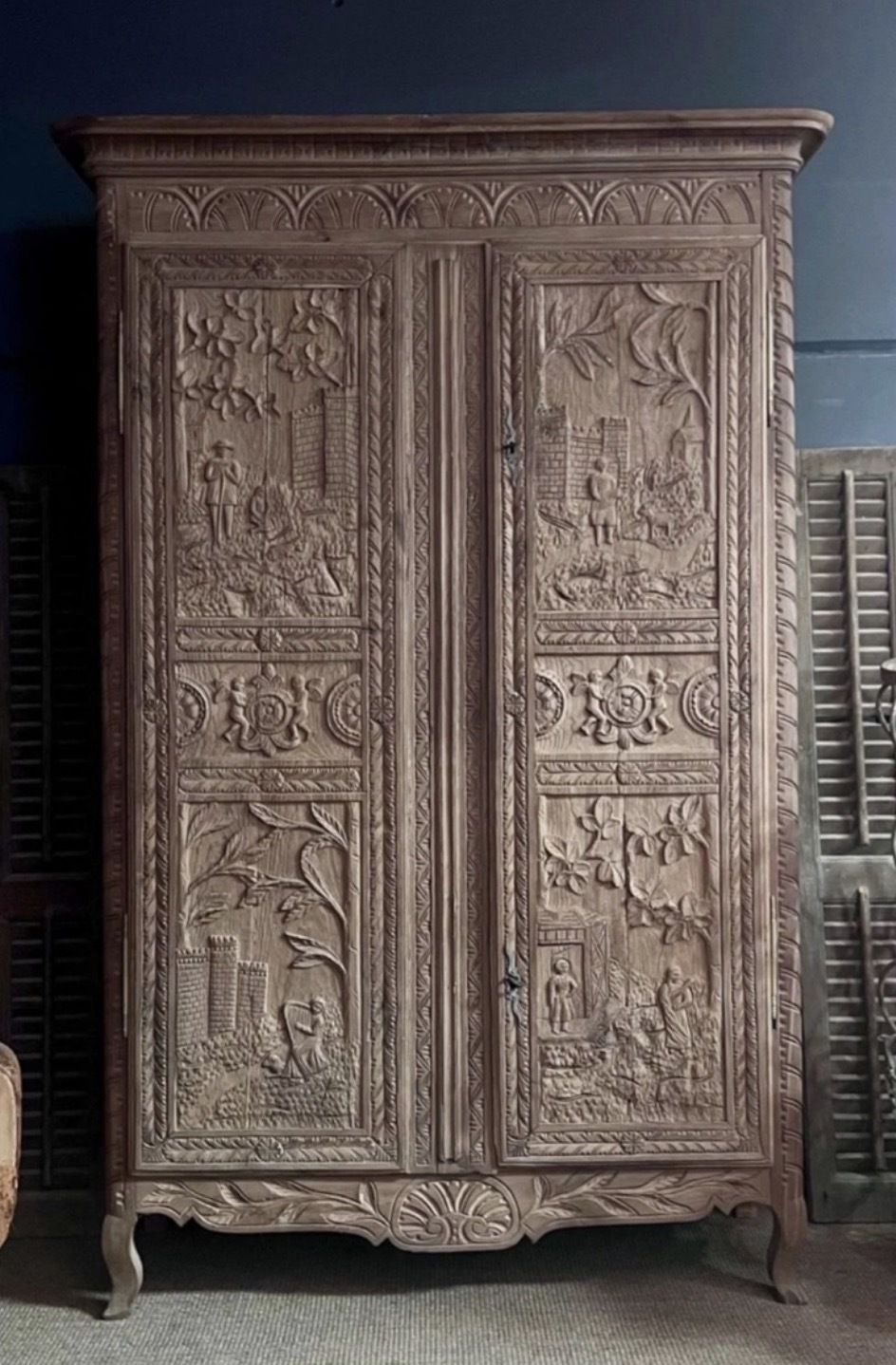 Antique French Circa 1900 Carved Solid Wood Linen Cupboard