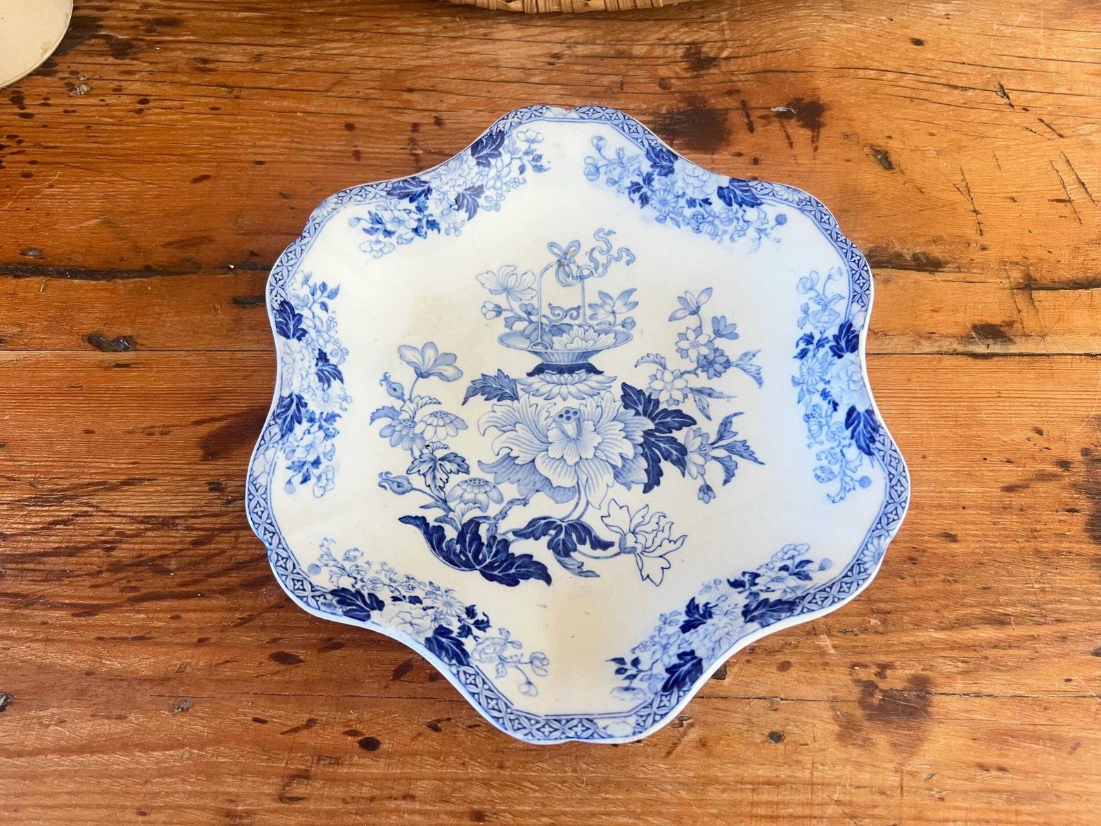 Antique Wedgwood Blue And White Plate, "Basket And Flowers" Pattern, 19th Century Transferware, Scalloped Chinoiserie Serving Dish