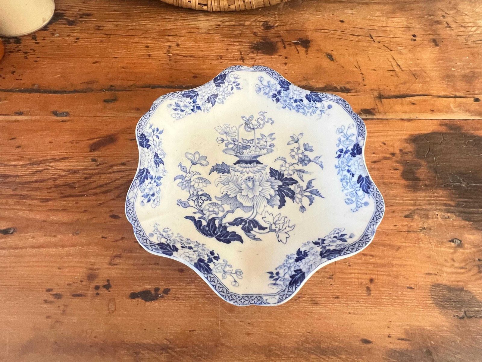 photo buy Antique Wedgwood Blue And White Plate, "Basket And Flowers" Pattern, 19th Century Transferware, Scalloped Chinoiserie Serving Dish
