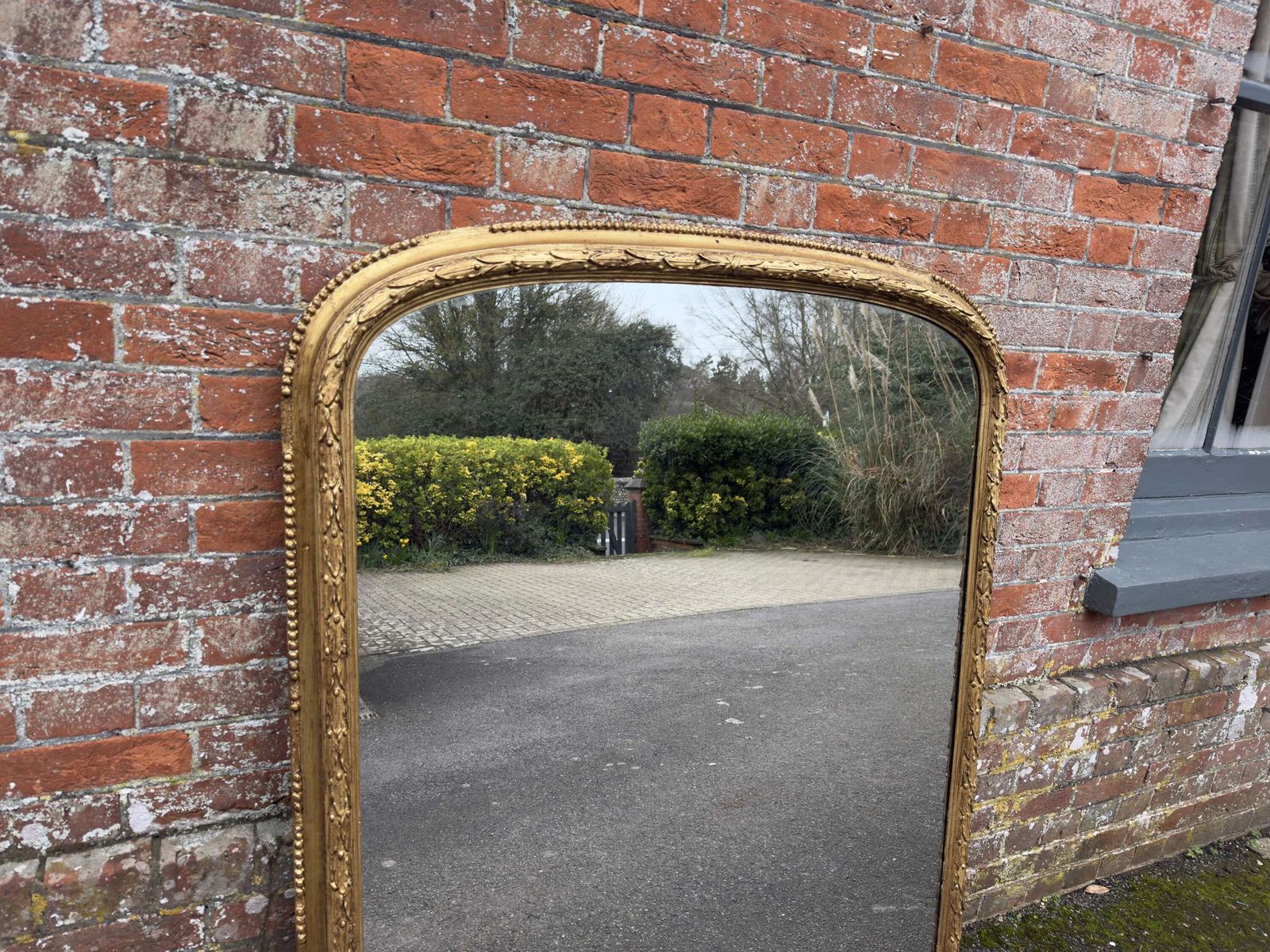A Fabulous Large Antique English 19th C Arched Top Gilt Overmantle Mirror. photo furniture