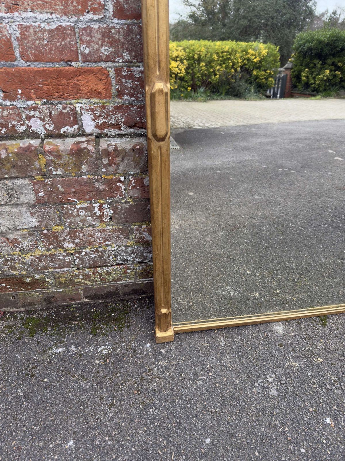 A Wonderful Large Antique English 19th C Carved Wood Shaped Top Gilt Overmantle Mirror. photo for sale